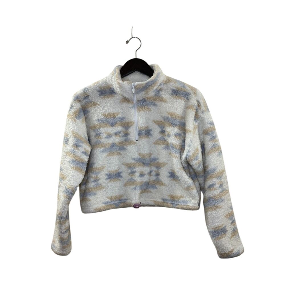L.A. Hearts Aztec Print Sherpa Fleece Cropped Quarter Zip Pullover White Small